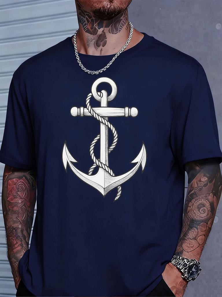 Black Unisexs Summer Tee Anchor Rope Nautical Sketch Print Short Sleeve Casual Street Top For Sailor Ocean Lover Male Daily Outfit