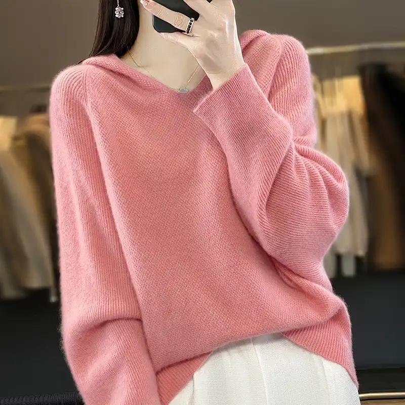 Sweater for Women Autumn Winter Thickened Pullover Warm Hooded Knitted Stretchy Long Sleeve Oversize Jumper Tops