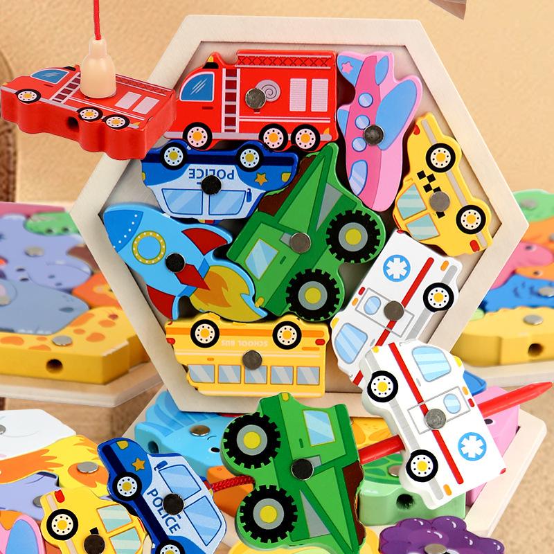 3D Stereo Fishing Puzzle – Educational Wooden Toy for Kids 4-6, Cognitive Animals & Transportation Shape Matching