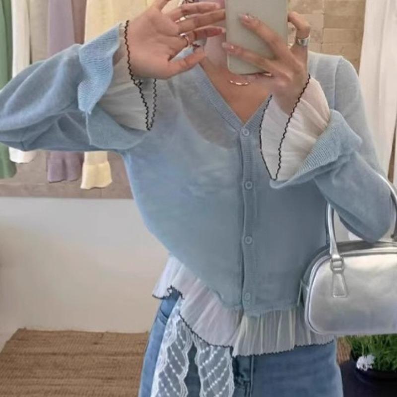 

Sweet Style Hem Lace Trim Knit Cardigan Women Spring Summer Sun Protection Thin Sheer Knit Coat One Size світло-синій колір