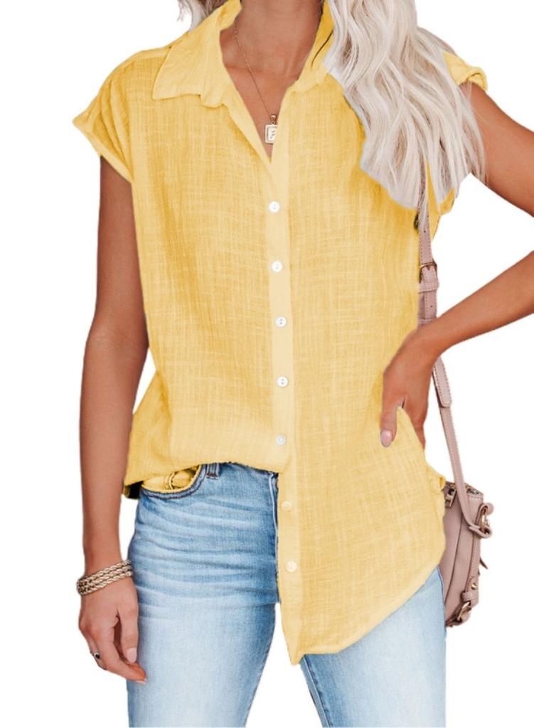 Damen Unifarbene Ärmellose Baumwollbluse mit Umlegekragen und Knöpfen Locker Lässig Sommer Top