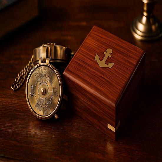 

5.08 cm Pocket Calendar Compass with Wooden Box Engraved Brass Nautical Compass for Camping, Travel, Boating, and Home Decor Gifts