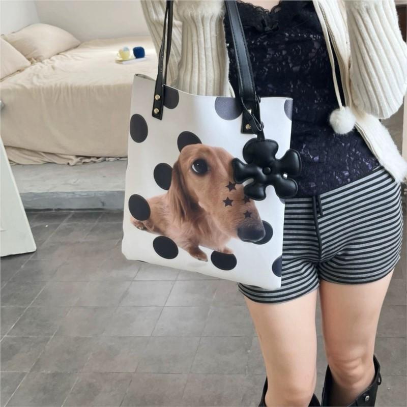 Ins Cute Dachshund Puppy Tote Bag Women Polka Dot Print PU Leather Large Capacity Shoulder Bag Ladies Durable Daily Shopping Bag