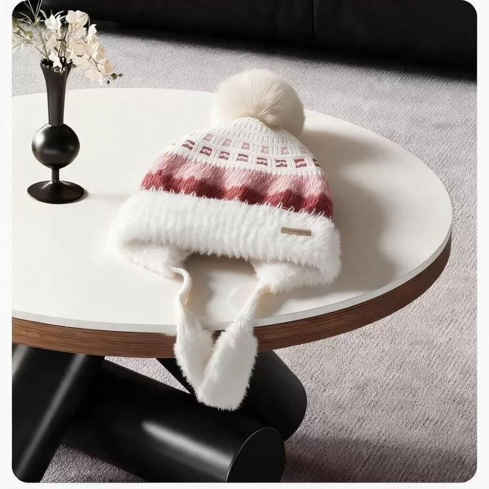 Pom Pom Ear Flap Hat Face Slimming Thick Plush Lined Hat Fair Isle Knitted Hat Outdoor Activities