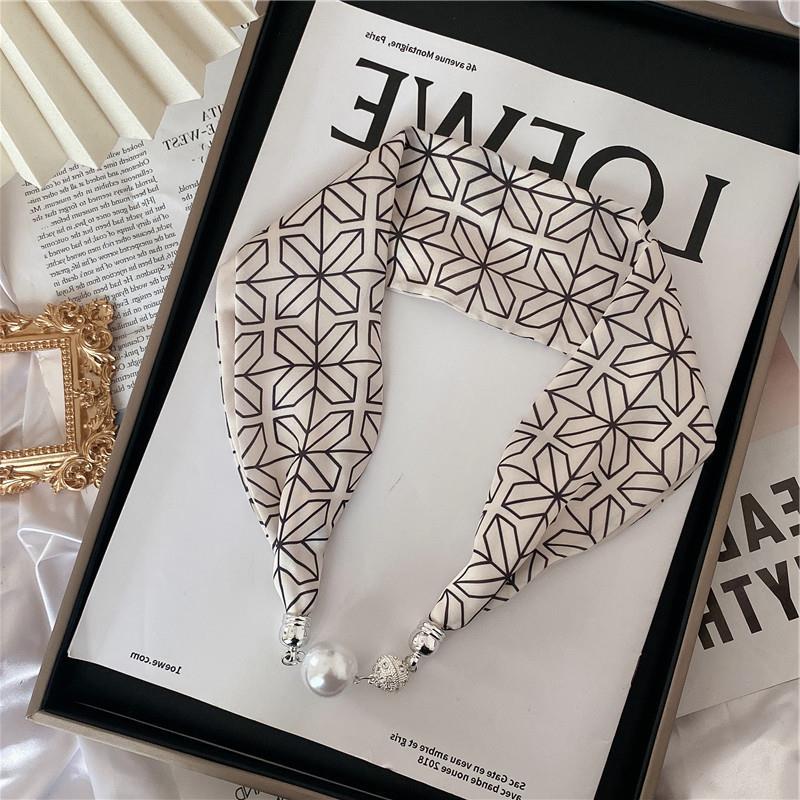 New Luxury Design Magnetic Pearls Button Silk Scarf Women Summer Neck Ornament Silk Scarves Lady Shirt Sunscreen Decoration Gift