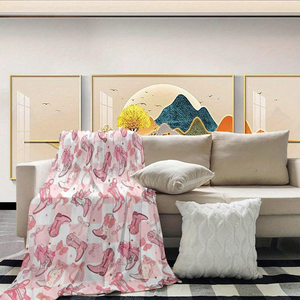 Pink Plaid Patchwork Cowboy Boot Print Throw Blanket Cartoon Style Cozy Blanket Gift for Women Men Kids Sofa Bed Decor