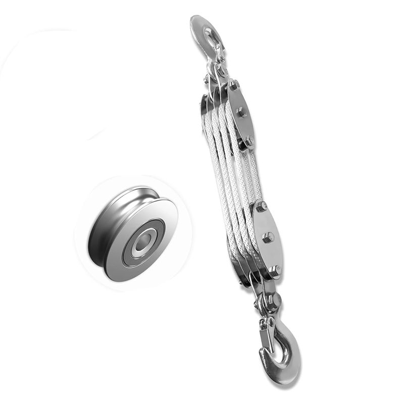 

AEE4-Block And Tackle Pulley System, 4-Wheel Rope Pulley Hoist, 2200LB Work Load With 65Ft Of 1/4 Inch Rope, Compact Rope White