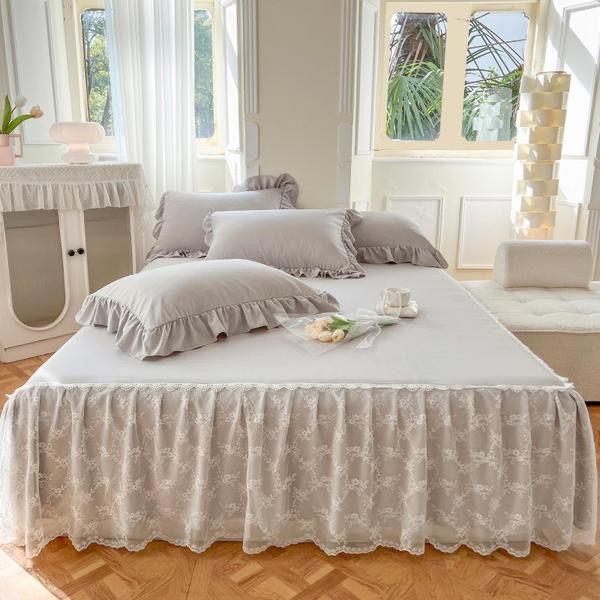 French Lace Embroidered Bed Skirt Small Fresh Solid Color Cotton Bed Cover Thin Gauze Hem Anti Slip Bed Sheets and Bedding
