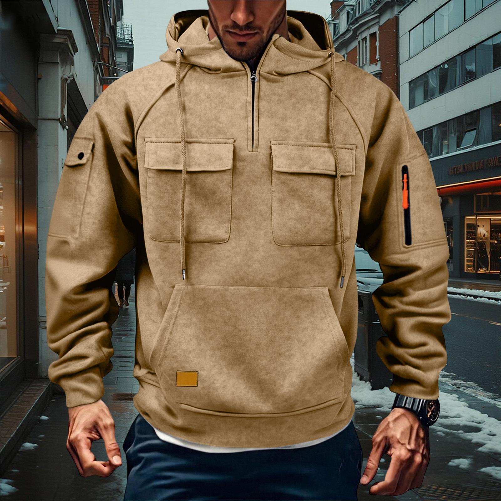 

Мужская толстовка карго на молнии 1/4 | Со шнурком, много карманов, однотонная для улицы и повседневной носки L