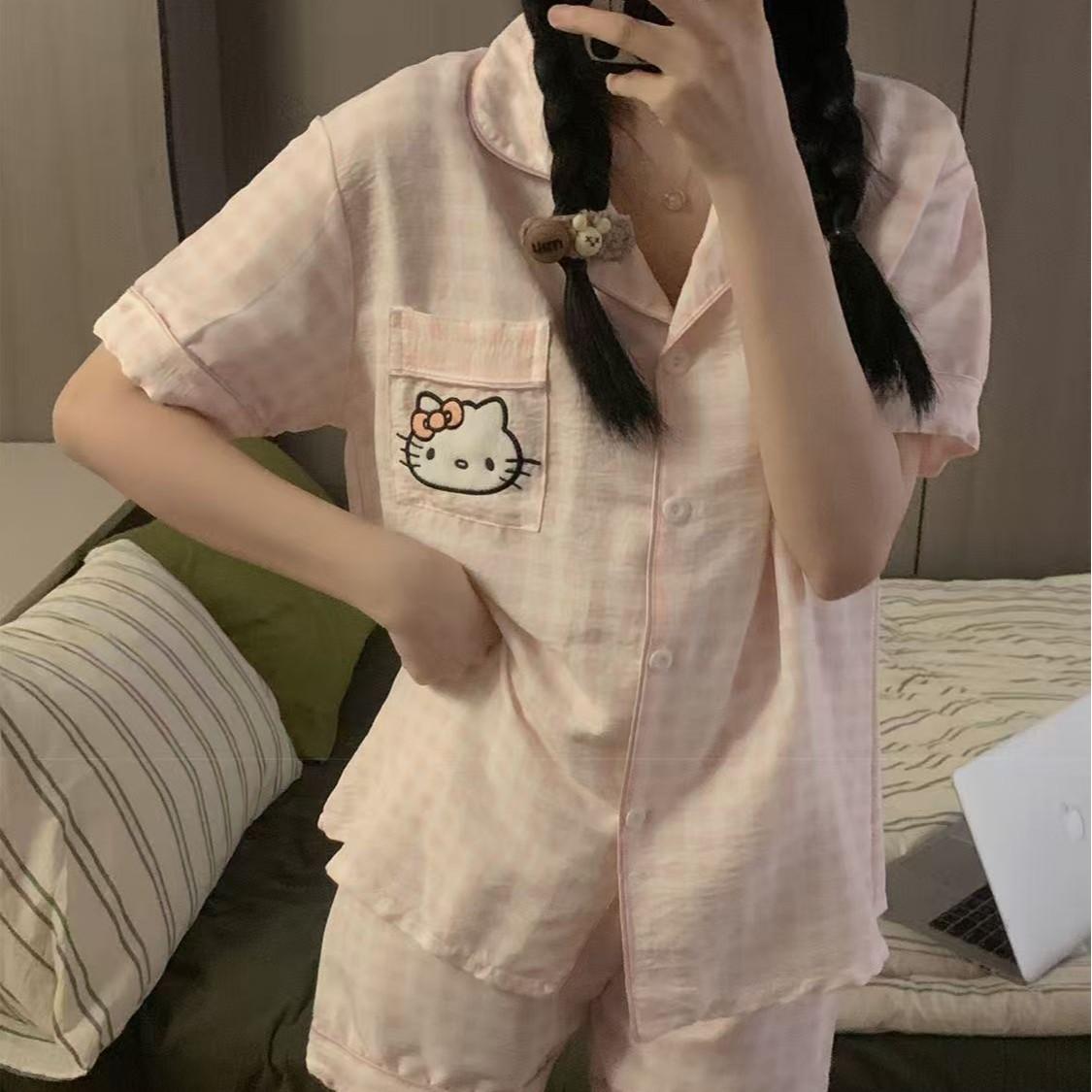 

Summer pink girl pajamas short-sleeved shorts sweet Hello Kitty two-piece set student dormitory can go out loungewear s [recommended weight 35-40kg ]