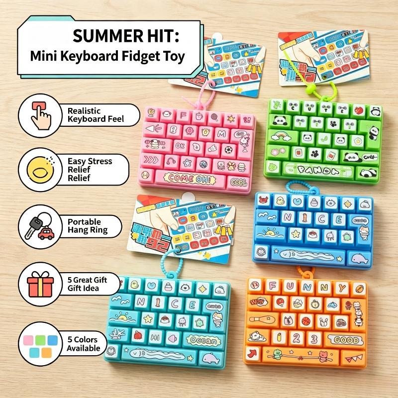 Cute 26-Key Keyboard Bubble Fidget Toy Cartoon Decompression Sensory Toy Portable Keychain Stress Relief Bag Pendant Gift