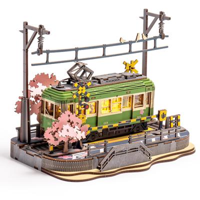 ROBOTIME 3D Puzzle Wooden 3D Wood Puzzle Cherry Blossom Train with LED Light Assembly Craft Kit DIY Craft Mechanical Model Japanese Interior Kill Time