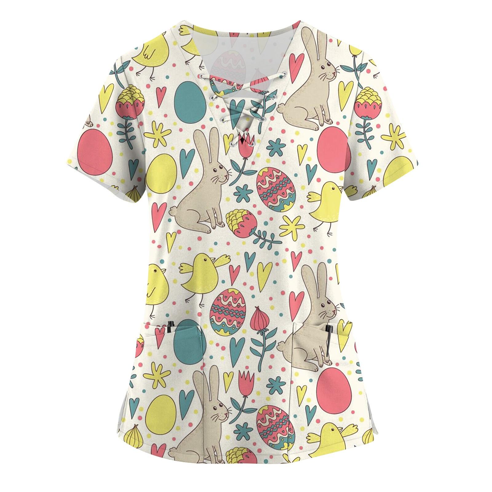 

Плюс размер скраб с принтом Рабочая форма Топы для женщин Крест V-образным вырезом Форальный принт с короткими рукавами Забавные футболки Спецодежда Футболка с карманами XXL бежевый