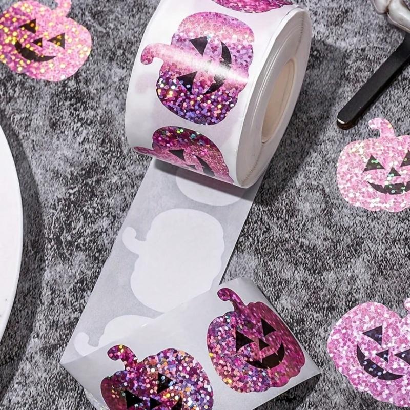 500 Stück 1 Rolle Halloween Laser Kürbis Siegelaufkleber, geeignet für Geschenkbox Umschlag Halloween Dekoration