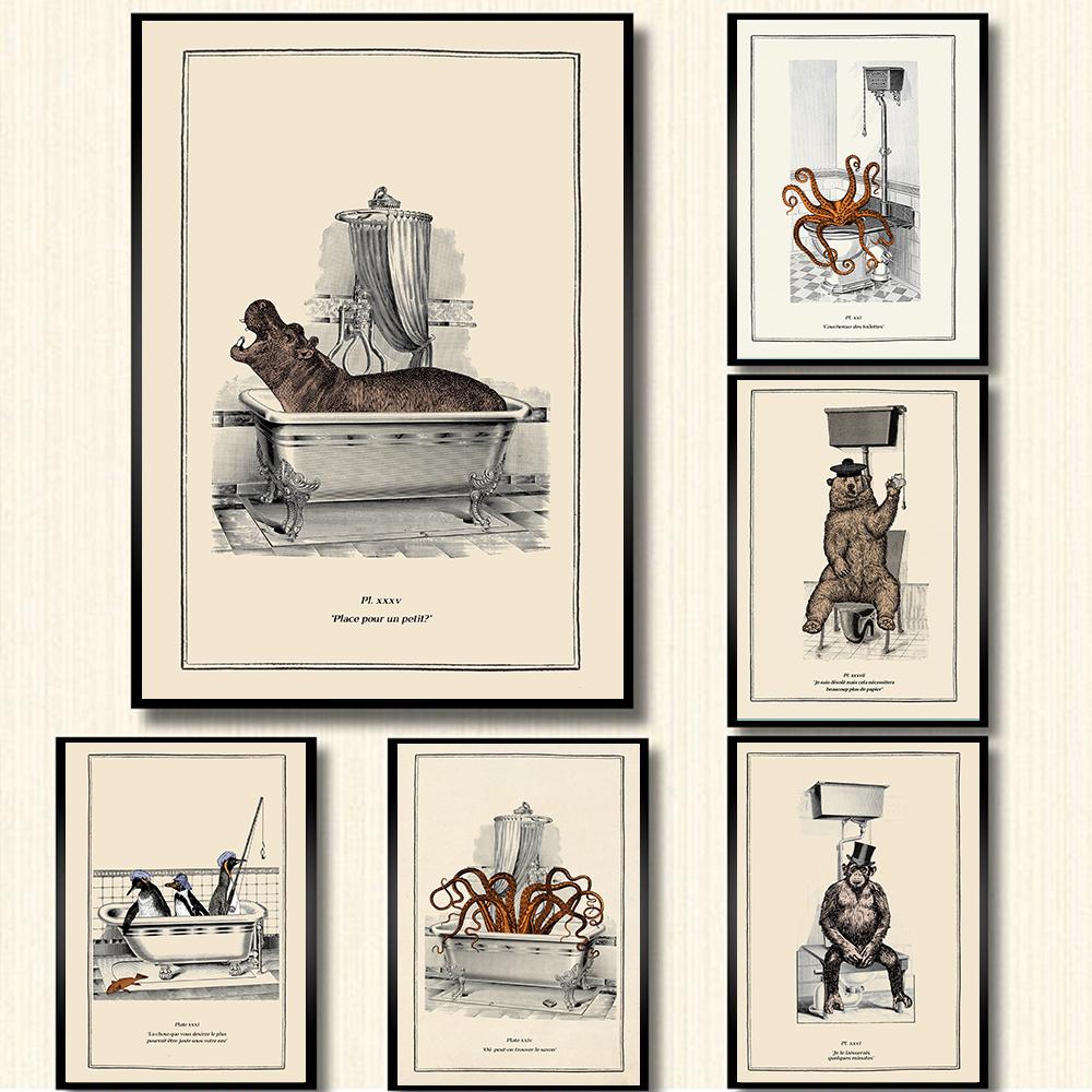 Lustige Badezimmer Toilette Dekoration Leinwand Malerei Tier Badewanne Poster Bär Krake Pinguin Schimpanse Retro Wand Bild Kunst
