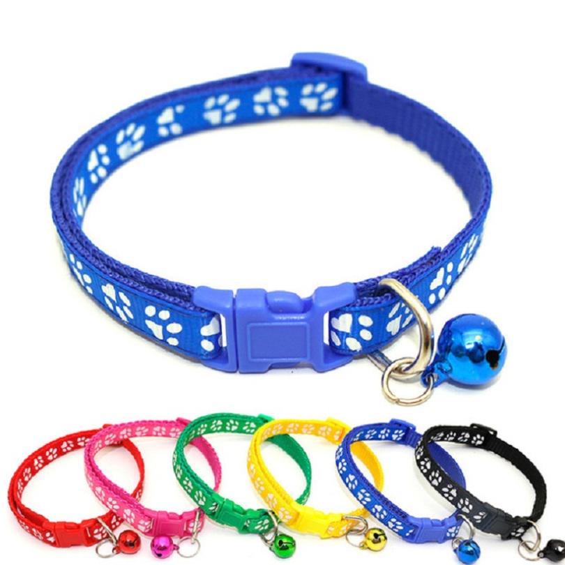 Easy Wear Adjustable Nylon Cat Dog Footprint Safety Necklace Collar With Bell Puppy Pet Chain