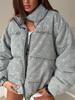 Vintage Curved Moon Print Denim Cotton Jacket with Stand Collar Street Style Warm Outdoor Women's Coat Loose Fall Winter New