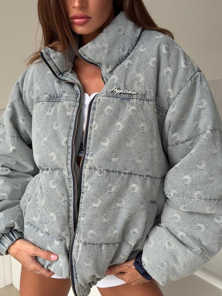 Vintage Curved Moon Print Denim Cotton Jacket with Stand Collar Street Style Warm Outdoor Women's Coat Loose Fall Winter New