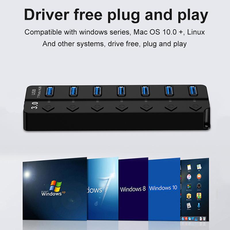 USB 3.0 Hub 7-Port Multi USB Splitter USB Hub, 5Gbps HighSpeed Data Transmission