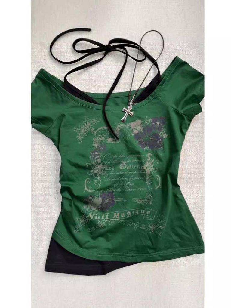 Vintage Y2K Sweet-Spicy Halter Two-Piece Style Cropped Tee