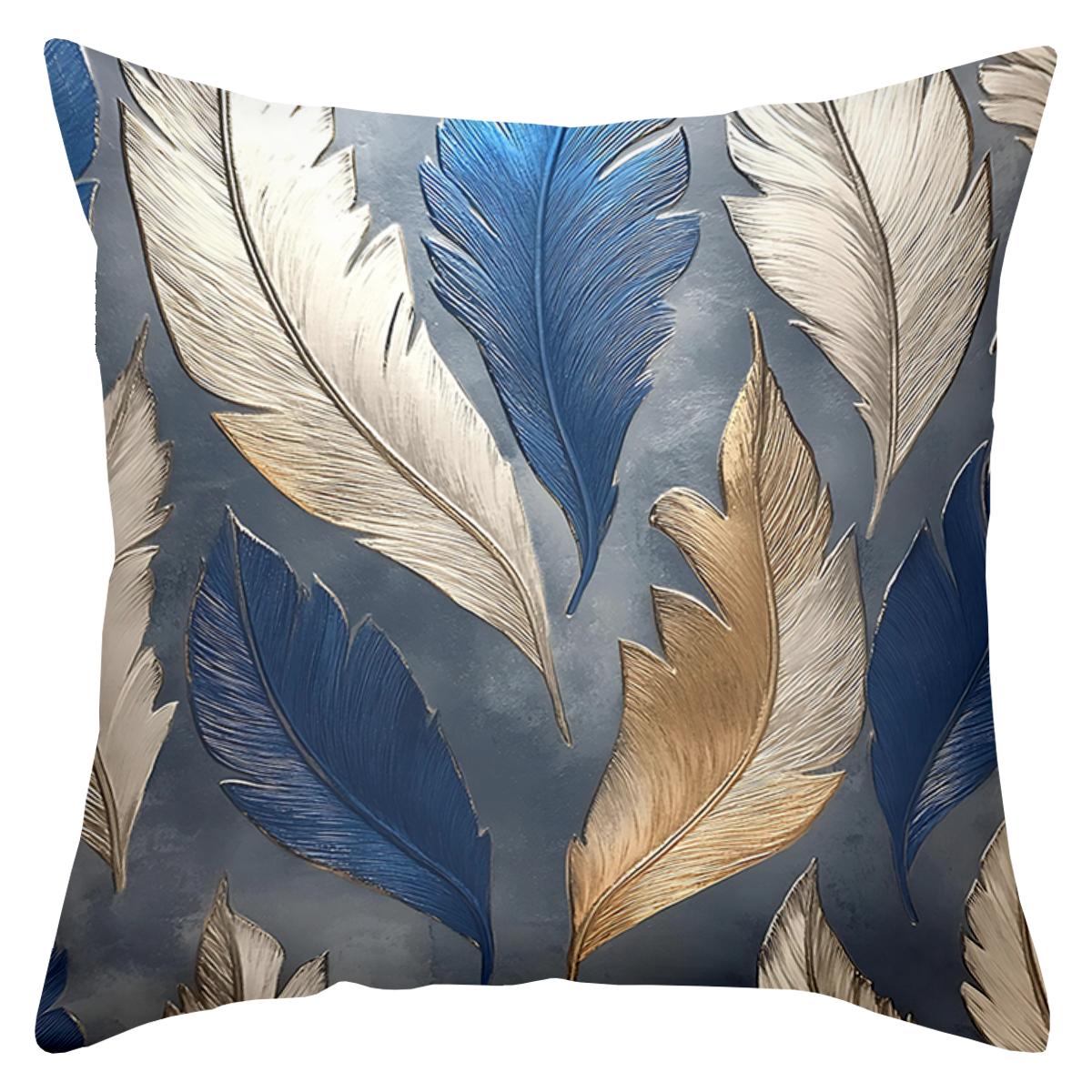 

1 Pieces - 2D flat printing Blue Gold Feather Pattern Decorative Throw Pillows Polyester pillowcase, sofa decorative cushion cov 16x16Inch