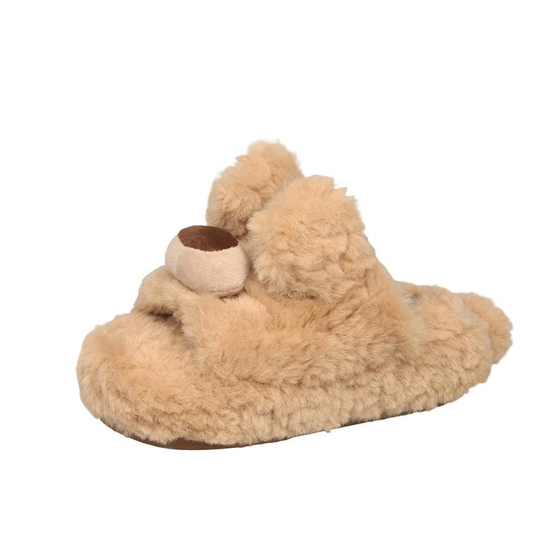 Plush ear-moving cute plush home slippers autumn and winter new casual versatile one-word fish mouth women's cotton shoes