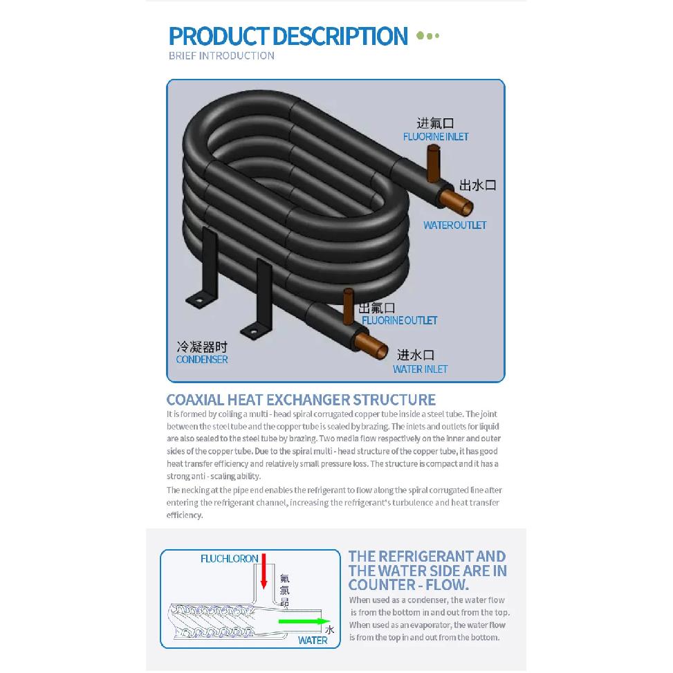 1HTitanium Coaxial Condenser/ Tube in Tube Heat Exchanger for  Marine air Conditioner and Stainless Steel Heat Exchanger