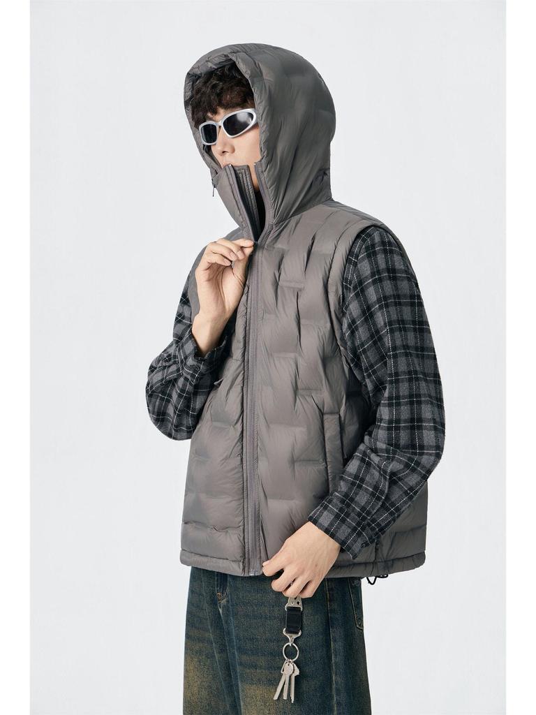 Men's Winter 90% White Duck Down Hooded Vest - European & American Style, Plus Size, Loose Fit, Embossed Shoulder Cape.