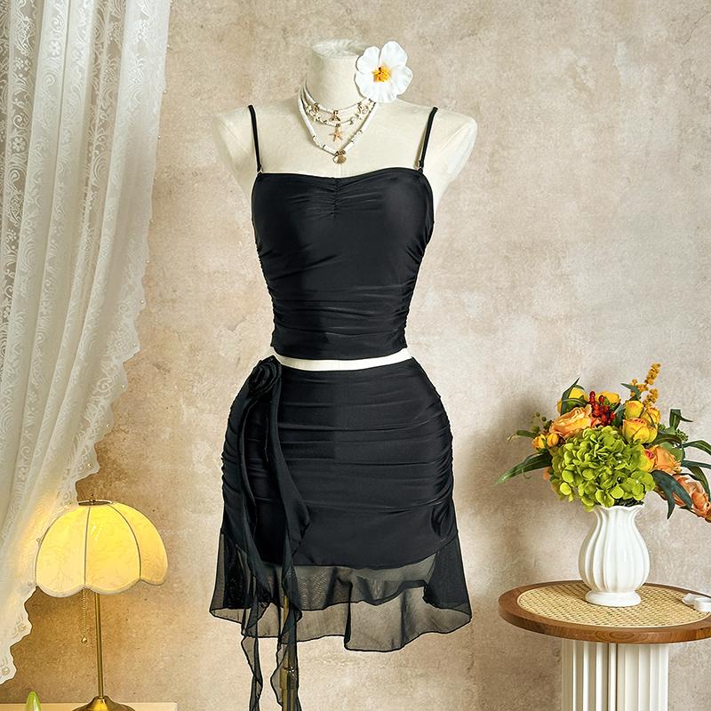 

Винтажная юбка на кулиске, комплект бикини из 3 предметов 2026, женский плиссированный купальник пуш-ап с высокой талией, купальный костюм, купальник S чёрный