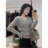Plus Size Grey Cross-Neck Slim-Fit Knit Top for Women - Long Sleeve Spring Arrival, Slimming Inner Layer