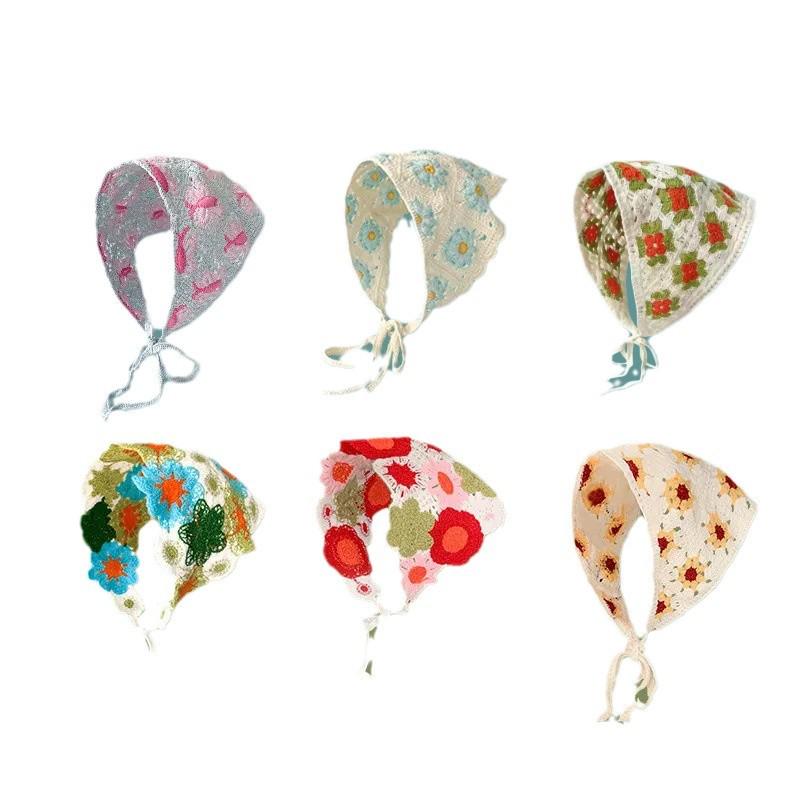 Korean Style Knitted Crochet Triangle Scarf: Women's Sweet Flower Headscarf Hat