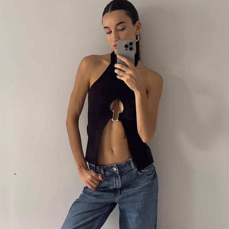 European and American summer new ins style Spice Girls sexy slim-fitting hollowed-out navel neck vest top women