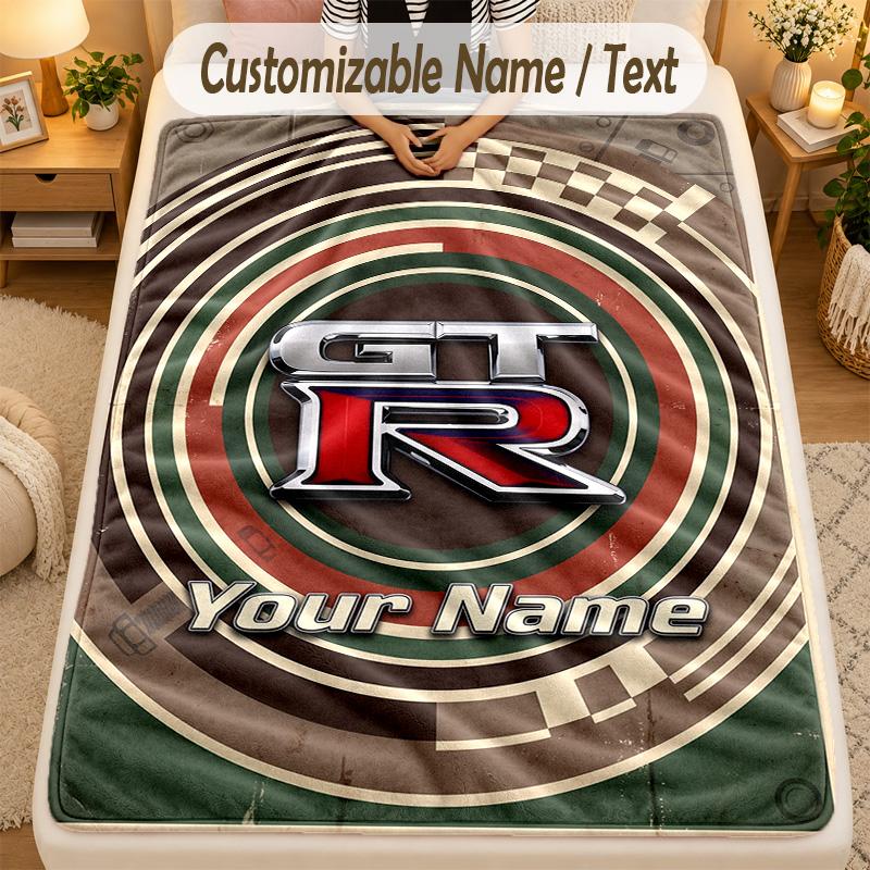 Flannel BlanketNissan GT-R Custom Name Text Personalized Soft Warm Throw Blanket Home Decor Gift