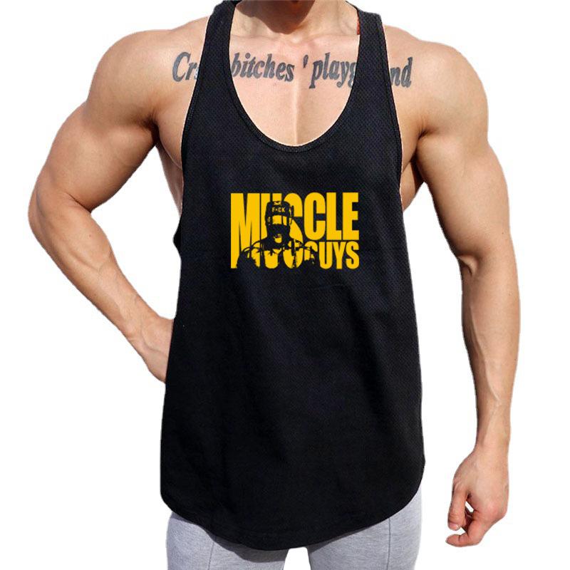 Muscleguys Herren Sommer Fitness Ärmellose Weste Mesh Quick Dry Sportswear Training Unterhemd Print T-Shirt Gym Bodybuilding Kleidung