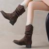Pile Boots Women's 2025 New Autumn and Winter with Skirt Thick Heel Medium Tube Low Heel Maillard Western Cowboy Fashion Boots