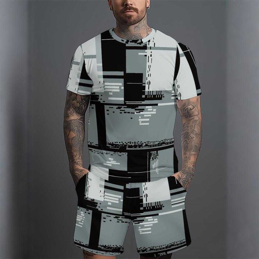 Men Gold White Geometric Triangle 3D Print Short Sleeve Tee And Matching Shorts Two Piece Outfit