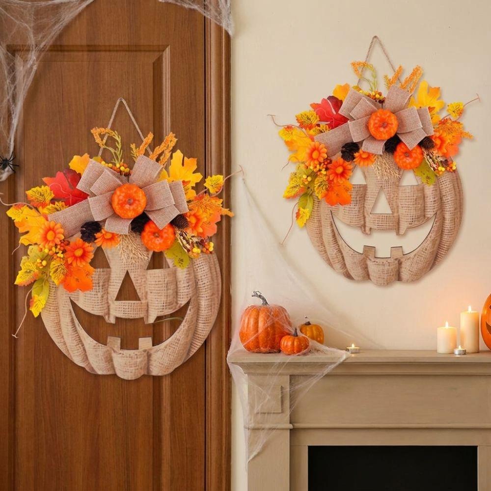 With Bow Halloween Wooden Pumpkin Door Hanger Harvest Maple Leaf Hanging Plaque Autumn Harvest
