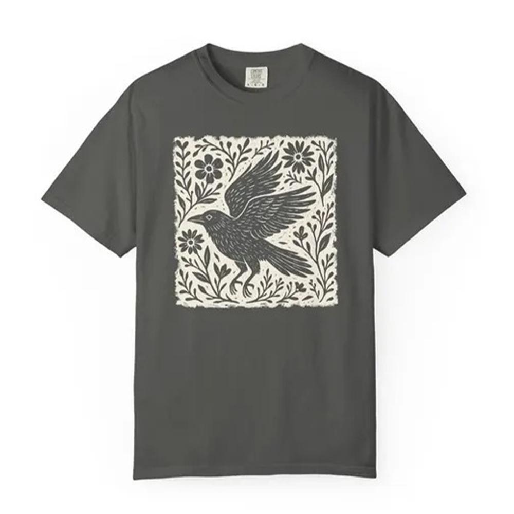 Retro Folklore Waldkrähe Linolschnitt Hemd Volkskunst Linolschnitt Krähe T-Shirt Kurzarm Baumwolle Unisex Y2K Lässiges Oberteil Streetwear