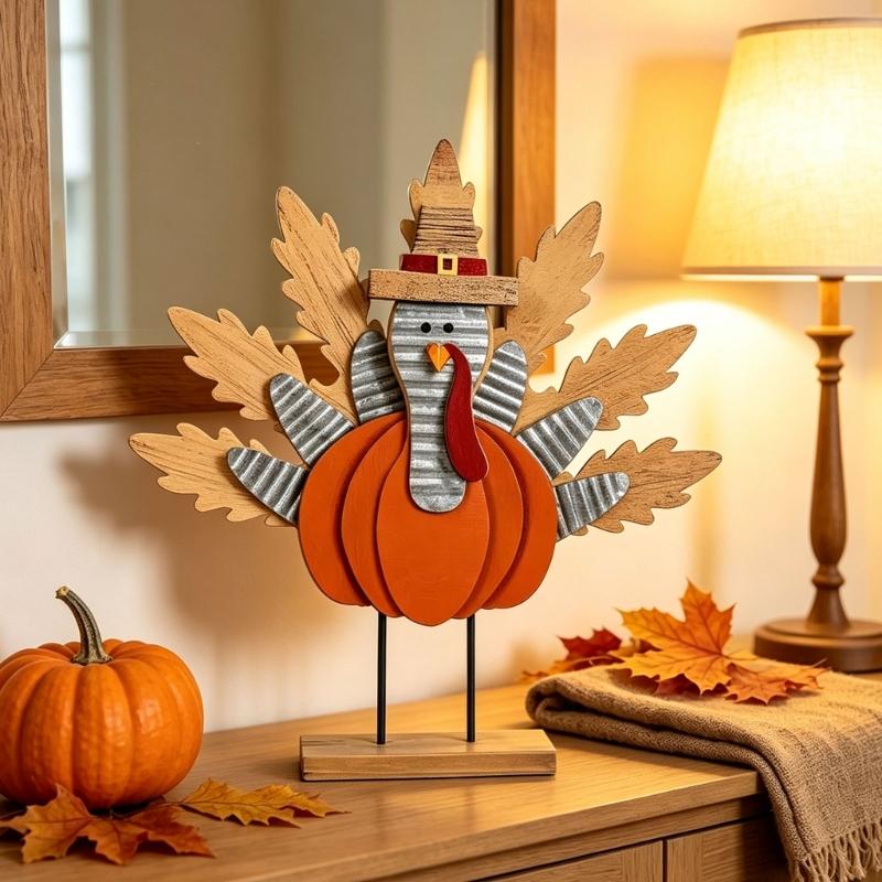 Thanksgiving Wooden Turkeys Decorations Indoor Turkey Figurines For Table Centerpieces Multi-Piece Harvest Decors with Pumpkin and Fall Foliage Motifs