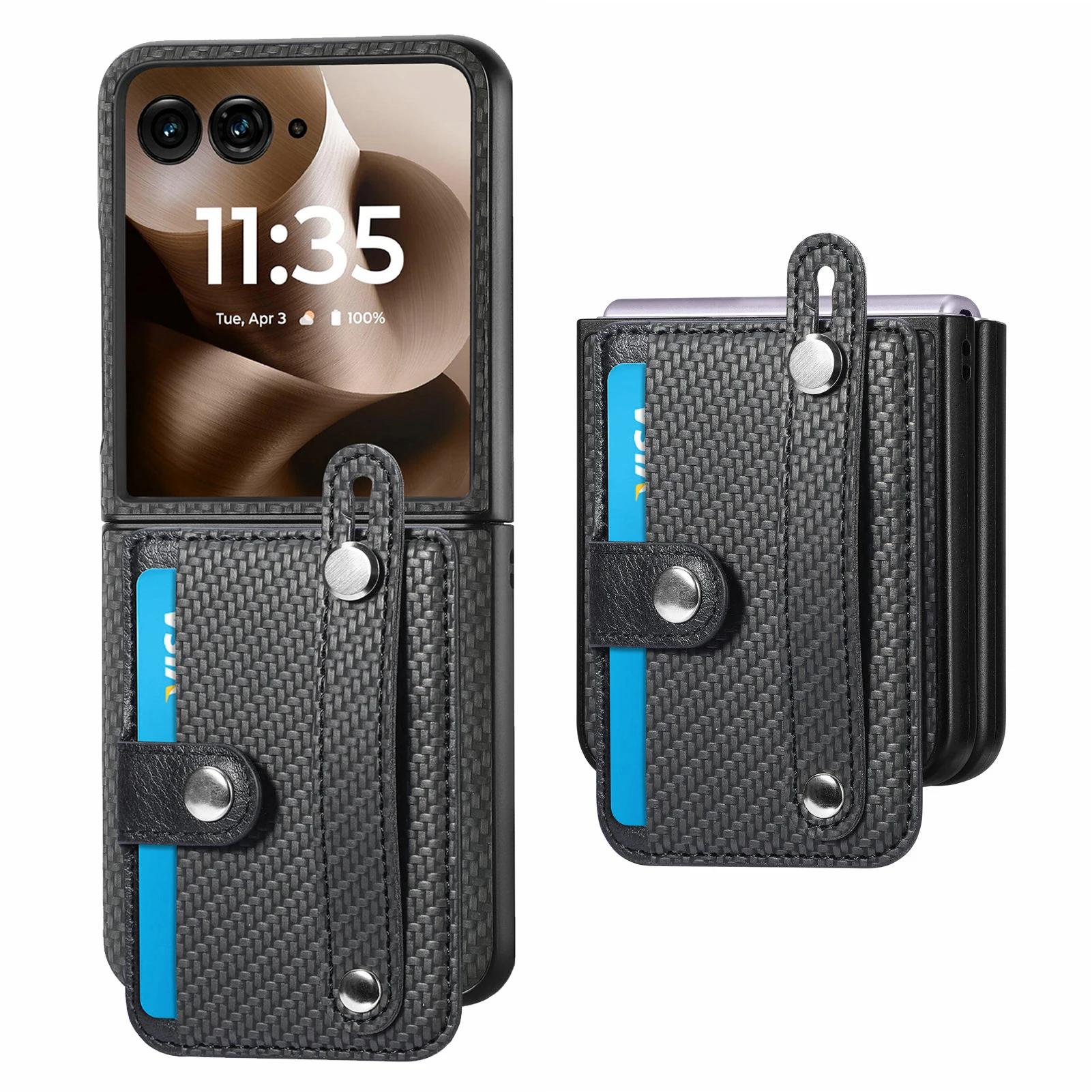 

Carbon Fiber Leather Wristband Phone Case for Motorola Razr 60 50 40 Ultra Moto Razr 60 50 40 Card Holder Wallet Cover Motorola Razr 40 чорний