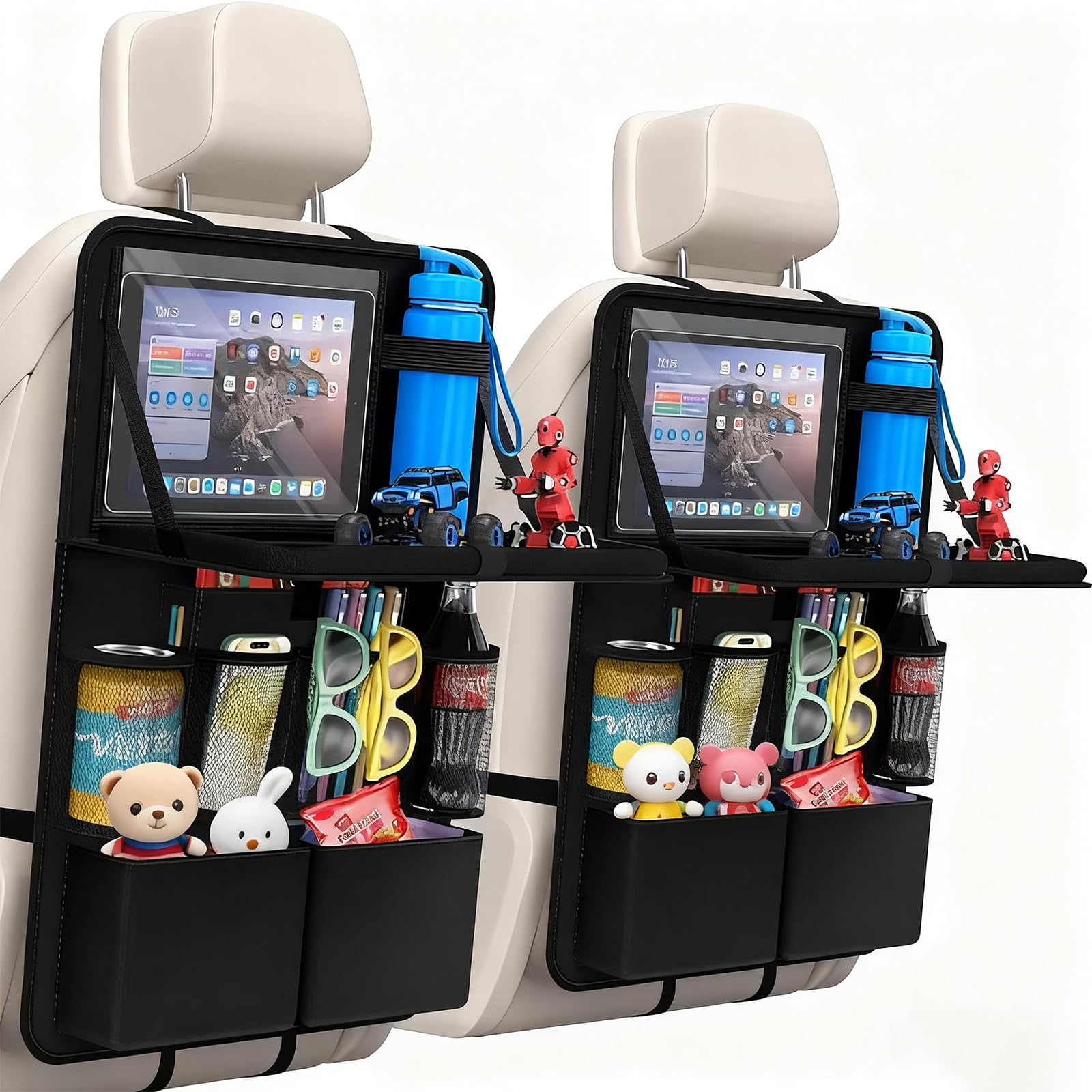 Car Seatback Organizer with Folding Tablet and Waterproof Backseat Storage Gray 600D Oxford Fabric Table, Holder, Pocket, (2 Black)