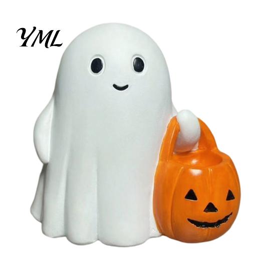 Glowing Desk Ornament Halloween Holding Pumpkin Ghost Figurine, Spooky Statue with Holiday Night Light, Resin for Tabletop Centerpiece