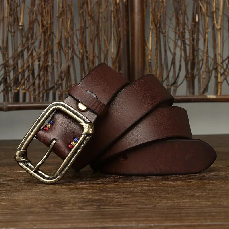 

3,8 см чистая коровья натуральная кожа для мужских джинсов высокого качества медная латунная пряжка ремни ковбойский пояс мужской модный дизайнер 125cm кофейный