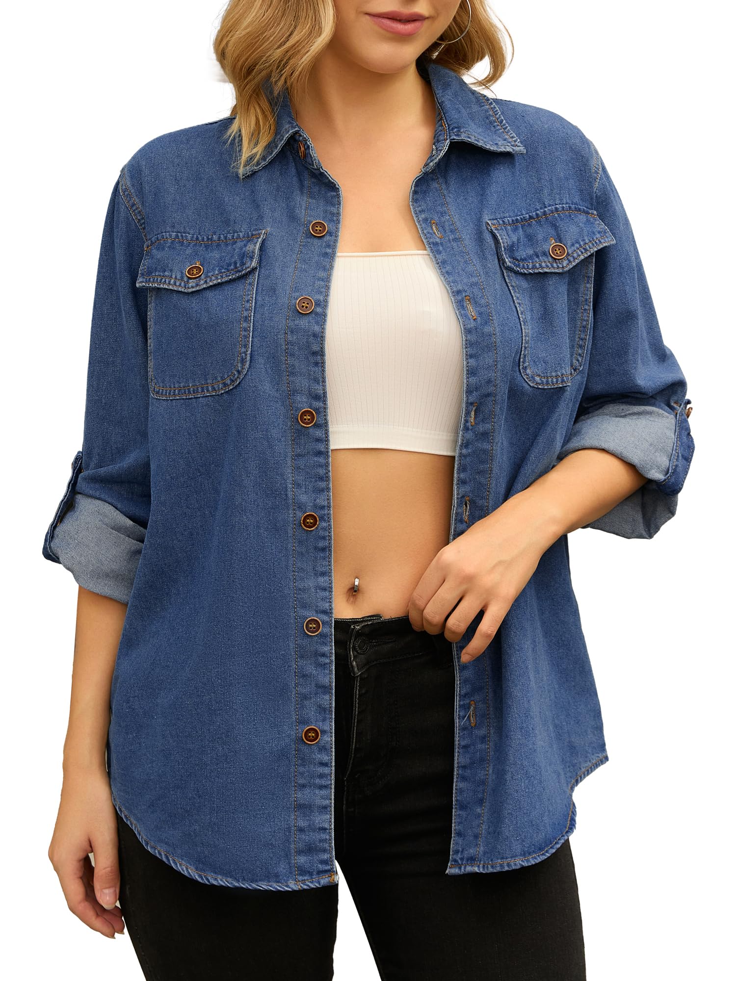 

Allegra K CIMUK Женская джинсовая куртка, с длинным рукавом, на пуговицах, с карманами, синяя, размер M