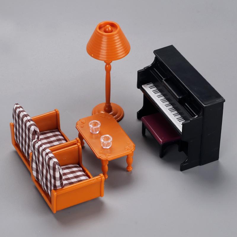 Dollhouse Miniature Toy Piano & Furnishings: 1:12 Pretend Play Model, Living Room Decoration Props.