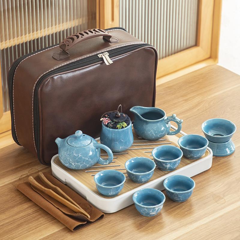 Travel ceramic Kung Fu tea set, tea tray, a full set of portable storage bags, practical business gifts for customers