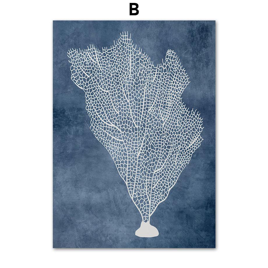 Marineblaue Meereskorallen-Algen-Wand-Kunst-Leinwand-Malerei, nordische Poster und Drucke, Strandhaus-Wandbilder für Wohnzimmer-Dekor