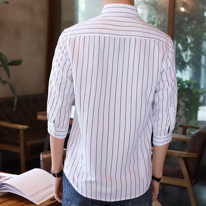 Men's Slim-Fit Striped Shirt: Japanese Style, Seven-Sleeve, Urban Casual for Spring and Autumn