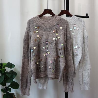 Autumn and Winter New Round Neck Sequined Hollow Sweater Pullover Loose Soft Waxy Gentle Knitted Sweater Top Women