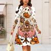 Women Plus Size Round Neck Long Sleeve Flared Dress Gothic Raven Pumpkin Rose Print Halloween Autumn Casual Dress